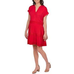 GL Gibsonlook Ladies Split Neck Tiered Dress with Lace Accents